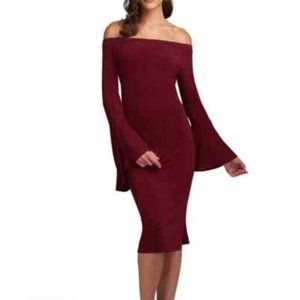 Wine Ruffle Long Sleeve Off Shoulder Dress S